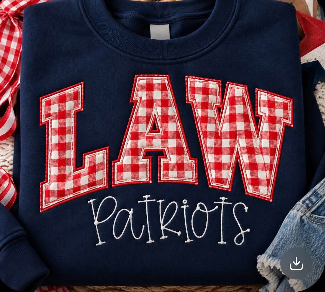 Navy garment with LAW in red gingham & patriots below