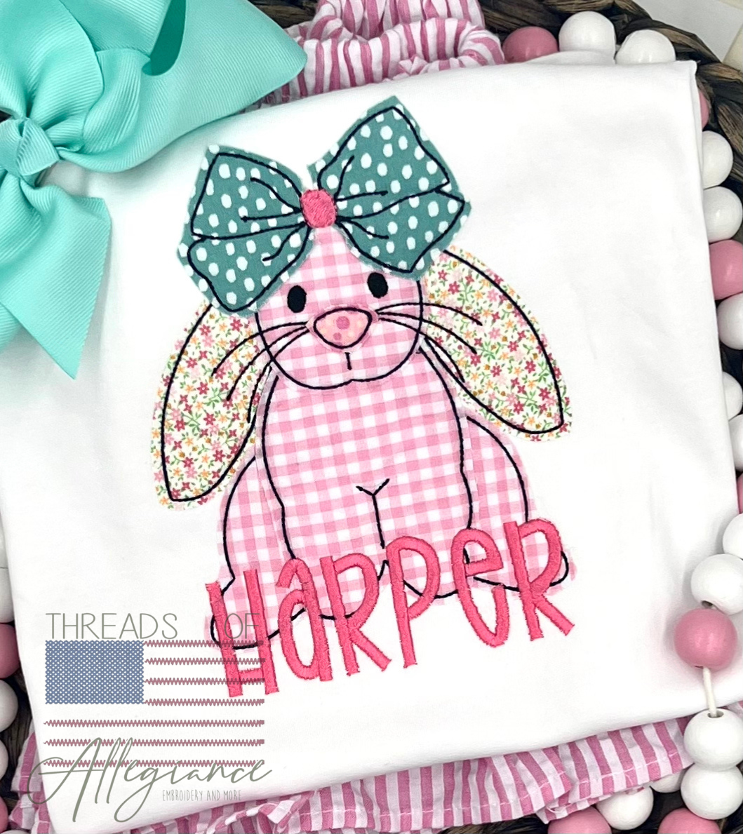 Floppy bunny appliqué with bow
