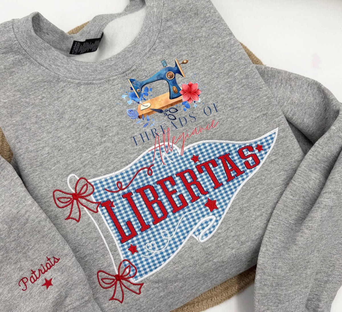 Sport grey gildan sweatshirt with “LIBERTAS” pennant flag & patriots on sleeve