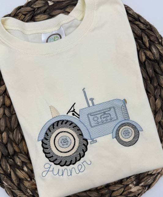 Blue Tractor on Ivory Tee or Sweatshirt