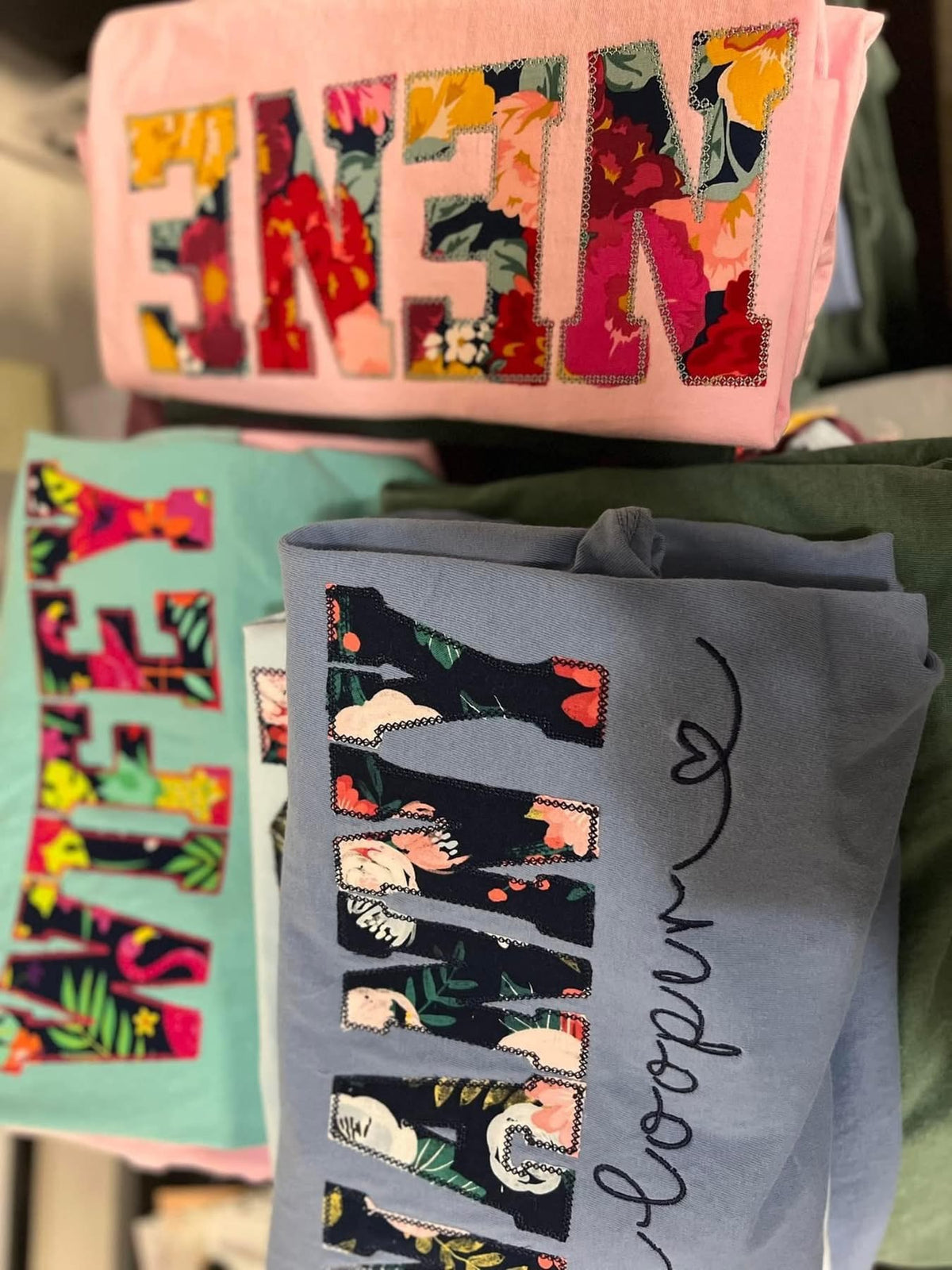MYSTERY MAMA/ NANA/ MIMI Etc Applique' shirts WITH NAMES
