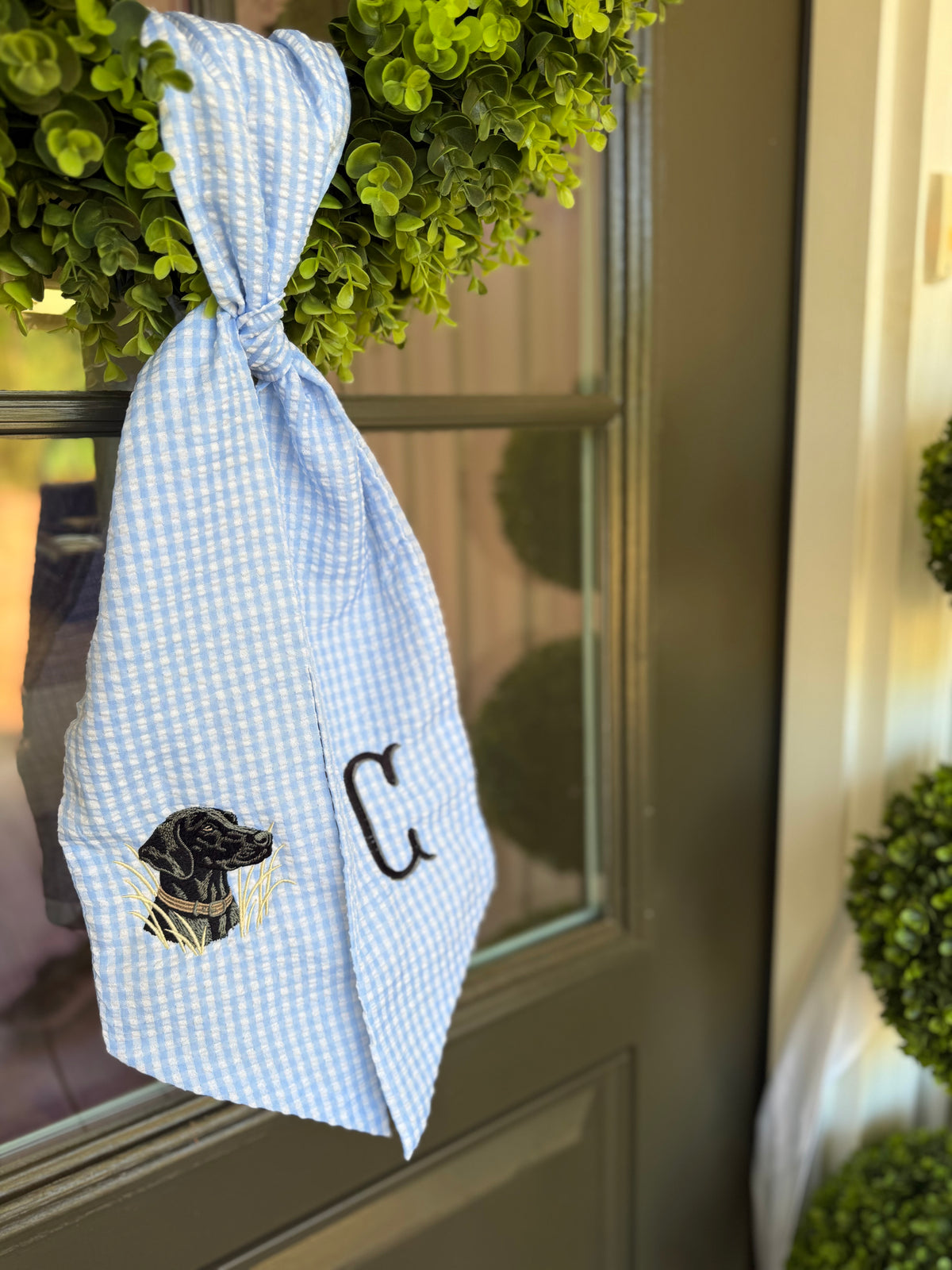 Blue Gingham Labrador Retriever Wreath sash
