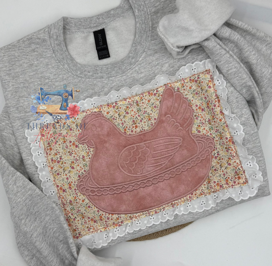 Nesting Hen with eyelet trim and floral