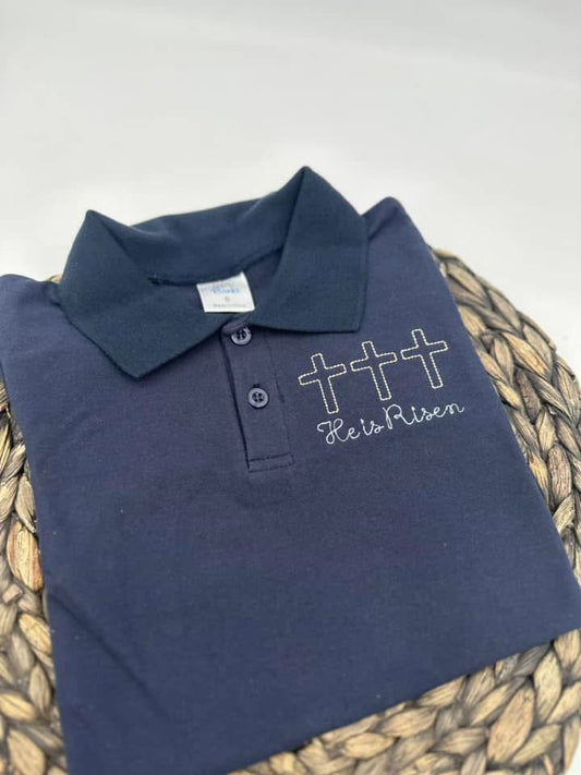 He is Risen navy polo