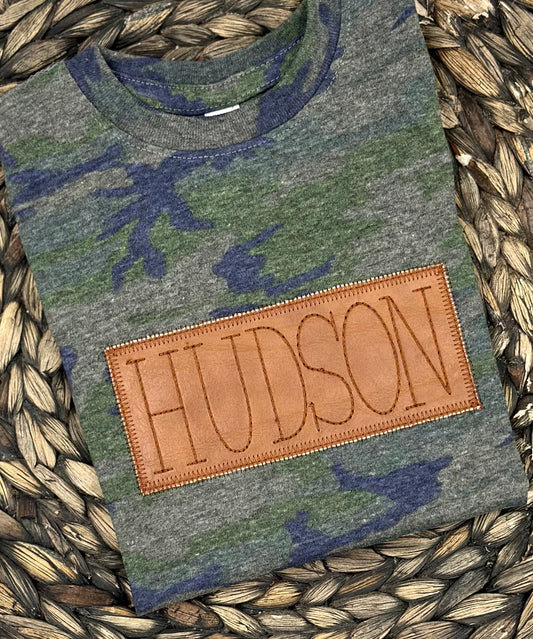 Vintage camo tee with personalized faux patch